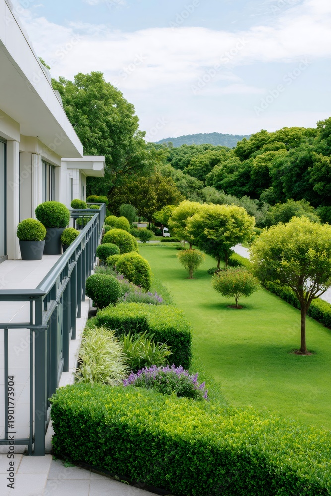 Fototapeta premium Modern building balcony overlooking lush green manicured garden