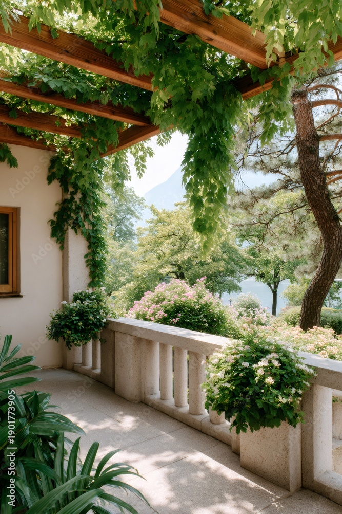Fototapeta premium Terrace with pergola overlooking lake and lush garden