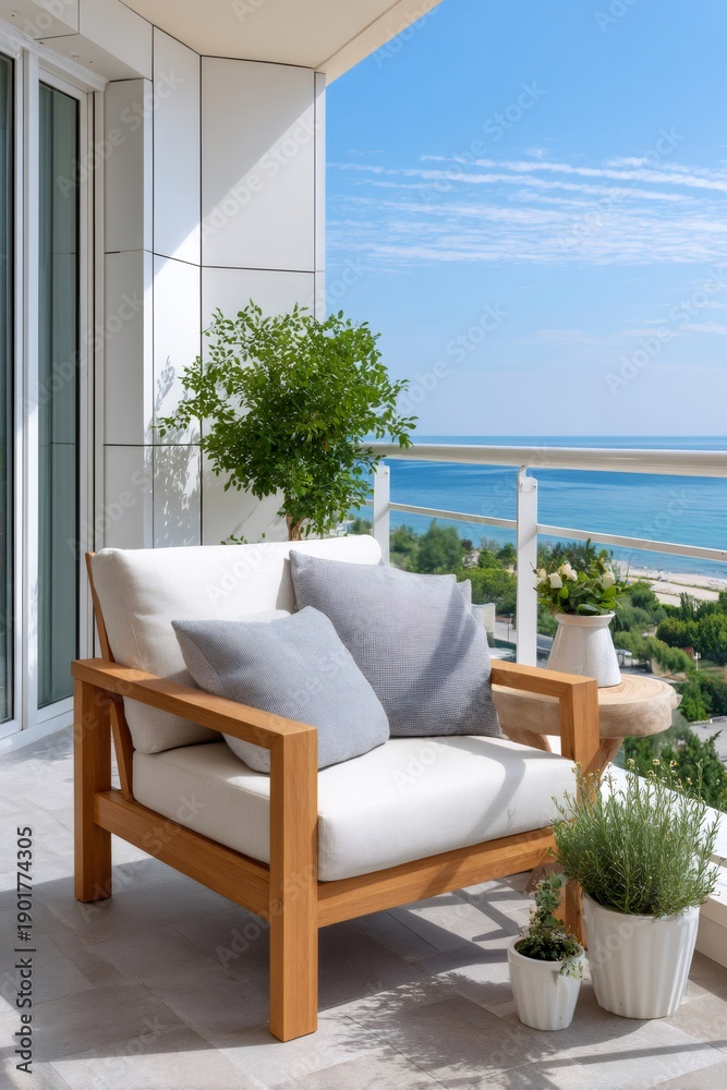Obraz premium Outdoor armchair on a balcony overlooking the ocean
