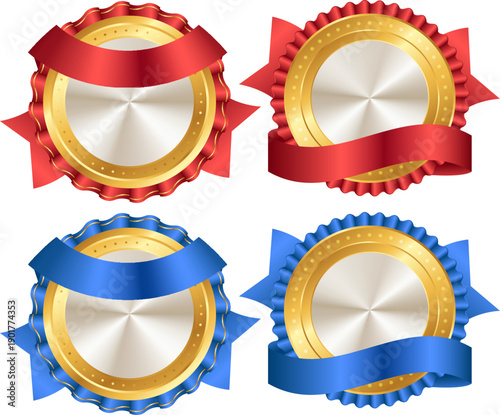 赤と青のリボンが映えるゴールドメダル風ロゼットエンブレムセット｜表彰・受賞・ランキング・優秀賞を高級感ある立体デザインで表現できる装飾バッジ素材