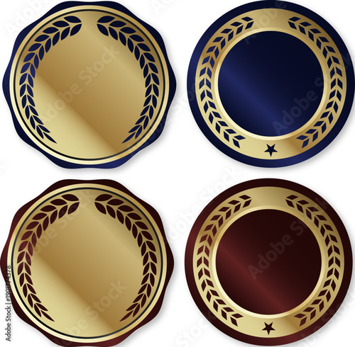 月桂樹モチーフのゴールドエンブレム円形フレームセット｜格式と信頼性を表現できるクラシックデザインの表彰・認証・高級バッジ素材