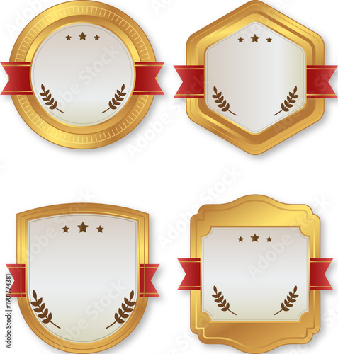 赤いリボンと星付きゴールドエンブレムのフレームセット｜表彰・認証・優秀賞・信頼性を象徴する高級感ある盾型・円形バッジ装飾デザイン素材