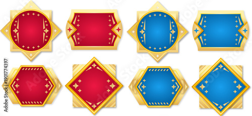赤と青を基調にしたゴールド装飾の幾何学エンブレムフレームセット｜星モチーフ入りで表彰・記念・認証に使える高級感あるバッジデザイン素材