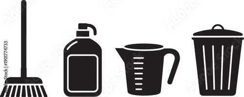 Cleaning supplies set including broom liquid soap measuring cup and trash bin for housekeeping