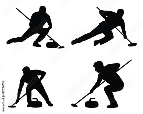 Silhouette of curling players in various poses on ice