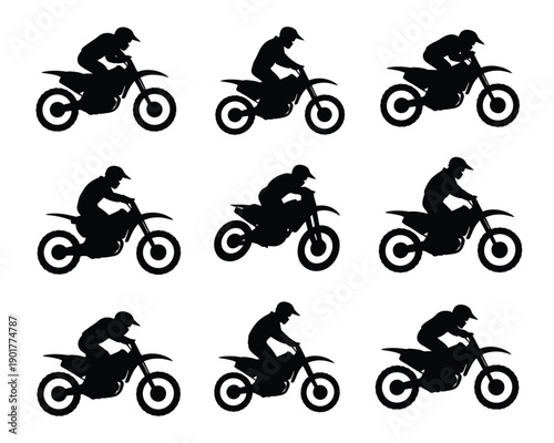 A collection of black silhouettes of motorcyclists riding dirt bikes in various poses on a white background.