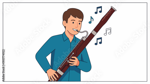 Young Man Playing Bassoon Instrument. Smiling Cartoon Musician Performing Woodwind Music.