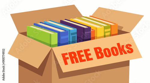 Free Books Donation Box Illustration. Brightly Colored Textbooks for Exchange, Giveaway, or Community Literacy Drive.