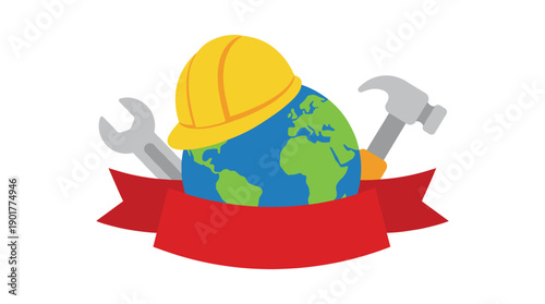 Labor day earth concept with hard hat, wrench, hammer, and red ribbon