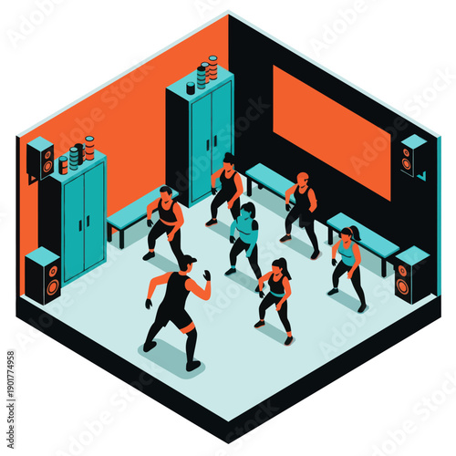 Isometric Gym Scene with Exercising Women.