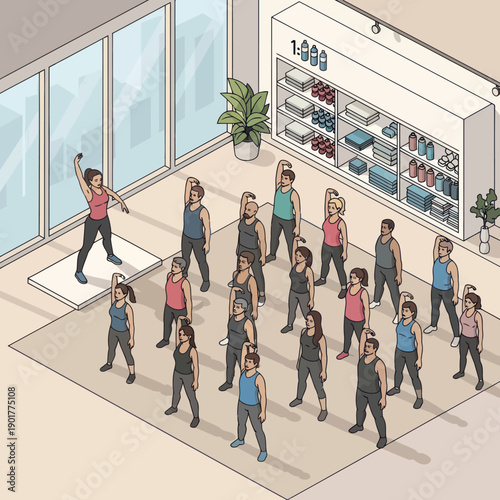 Group Fitness Class with Instructor Leading Exercise.