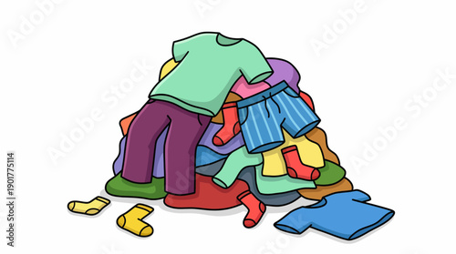 Colorful Cartoon Pile of Clothes. Heap of Dirty Laundry, Messy Wardrobe Clutter and Housework Chores Illustration.