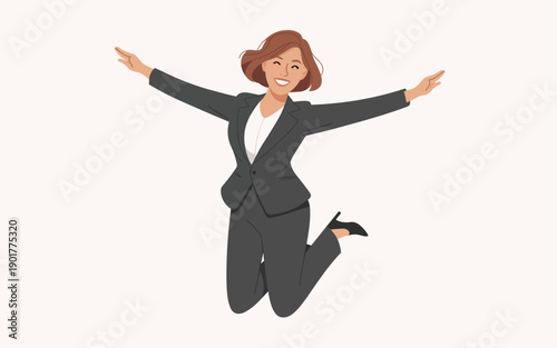 A young businesswoman in a gray suit jumps with joy in mid-air, arms outstretched, in a celebratory illustration