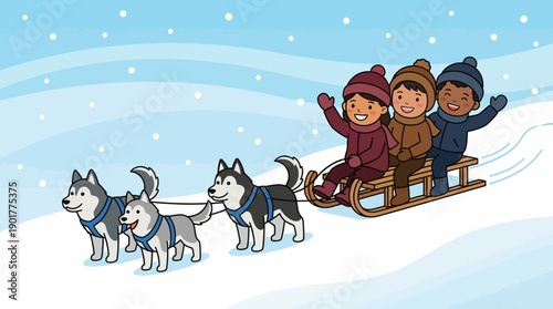Diverse Kids Enjoying Winter Dog Sledding Adventure. Happy Multicultural Children Riding Sledge Pulled by Huskies in Snow.