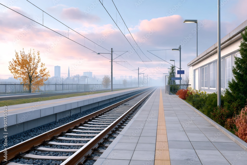 Fototapeta premium Empty train station platform with tracks during misty morning