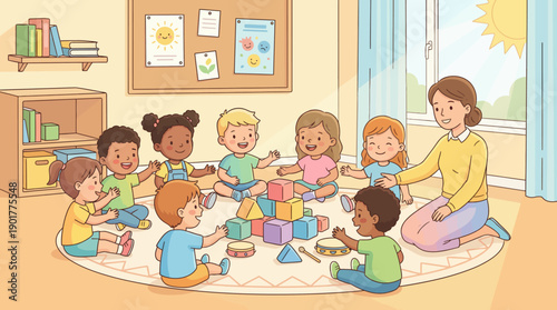 Happy diverse preschool children and teacher sitting in a circle playing with building blocks in a bright classroom. Early education concept.