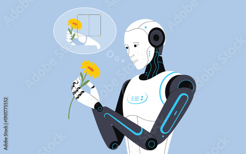 Robot holding a yellow flower, contemplating its meaning in a thoughtful pose, illustration of artificial intelligence and nature