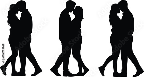 Couple silhouette icon collection showing walking together side hug emotional romantic love poses minimalist people symbols modern vector illustration set