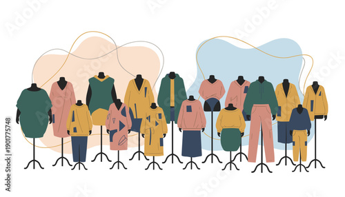 Collection of Mannequins Displaying Various Fashionable Clothing Items.