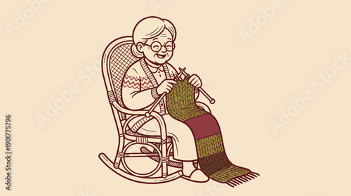 Happy Senior Woman Knitting Scarf in Rocking Chair. Vintage Line Art Illustration of Grandma Crafting Hobby and Cozy Leisure Time.