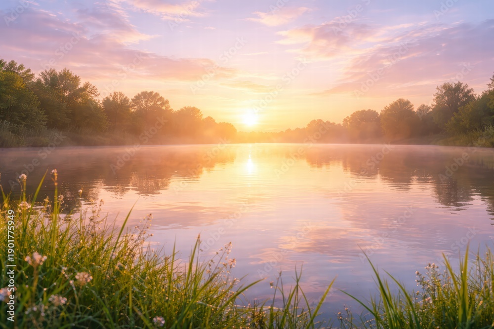 Obraz premium Peaceful sunrise over a calm lake with soft pastel sky reflected in the water.