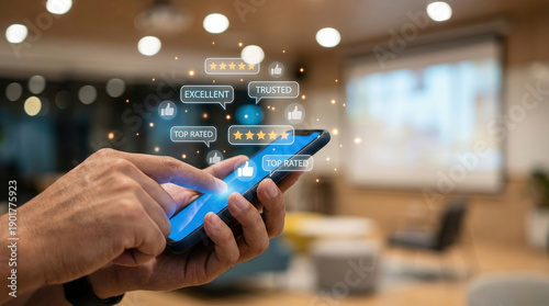 customer feedback online reviews reputation management customer satisfaction five stars rating system mobile app showing high user experience and positive brand trust.