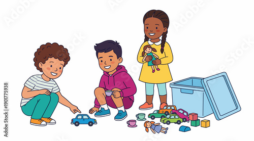 Happy Multicultural Children Playing Together with Toys, Cars, Dolls, and Blocks. Cooperative Kids Playtime Illustration.