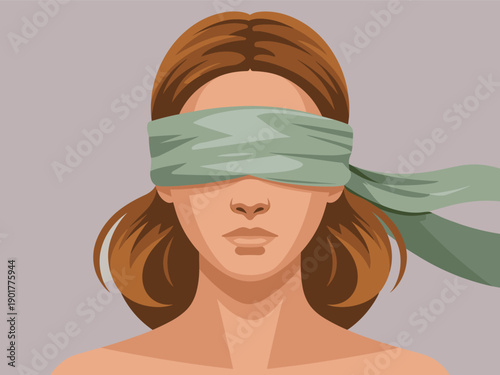 Illustration of a woman with a blindfold covering her eyes, representing ignorance or secrecy, in a neutral background from a front viewpoint
