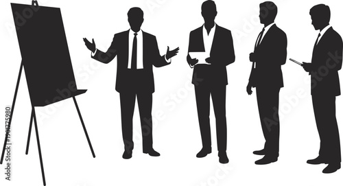 business meeting, corporate teamwork, presentation silhouette, professional communication, office collaboration, vector illustration, leadership concept, group discussion