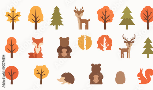 Autumn forest trees and animals flat vector icon set for education and infographics