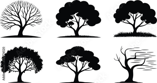 Tree silhouette icon collection showing winter bare summer autumn and spring seasonal trees minimalist nature symbols modern vector illustration set