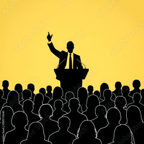 Silhouette of a public speaker or politician giving a speech to a large audience