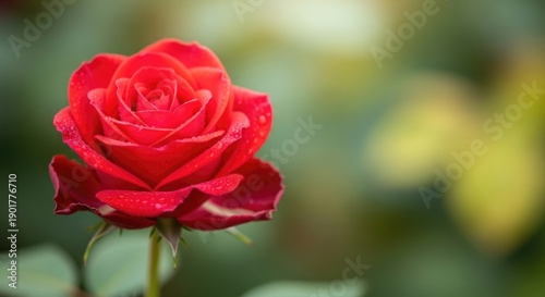 A single red rose with dew showcases the romantic beauty of a macro bloom in a summer garden where nature and floral elegance meet through delicate petals and green leaves