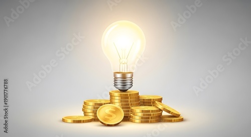 Glowing Light Bulb Illuminating Stack of Gold Coins