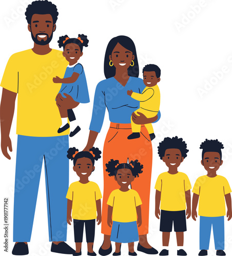 Happy African American Family Portrait with Parents and Children Standing Together Showing Love, Unity, and Togetherness Flat Vector Illustration