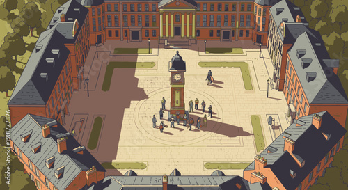 An intricate aerial illustration depicts a grand, symmetrical building complex, showcasing a central courtyard with a prominent clock tower and various figures.
