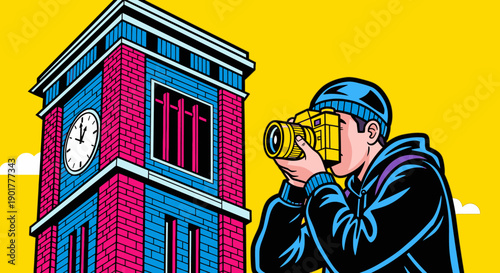 This dynamic illustration portrays a contemporary photographer focusing on an architectural clock tower, set against a striking, bright yellow background.