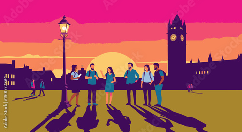 A diverse group of young friends enjoys a vibrant sunset walk through a historic European city, exploring its iconic architecture and lively atmosphere.