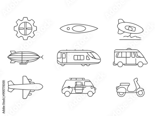 Collection of transportation vehicle icons including planes, trains, automobiles, blimps, kayaks, scooters, and RVs for travel and logistics themes