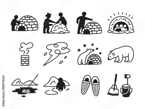 Collection of twelve hand-drawn black and white illustrations of Arctic life and winter activities, featuring igloos, polar bears, snow, and people 