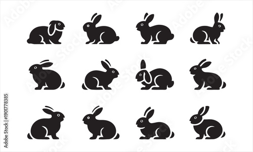 Collection of stylized black silhouette icons featuring rabbits in various poses and actions representing animals wildlife and nature suitable for farm themes and childish designs