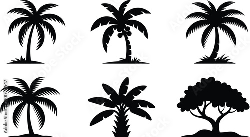 Exotic tropical tree silhouette icon collection with palm coconut banana trees minimalist nature symbols isolated modern vector illustration set