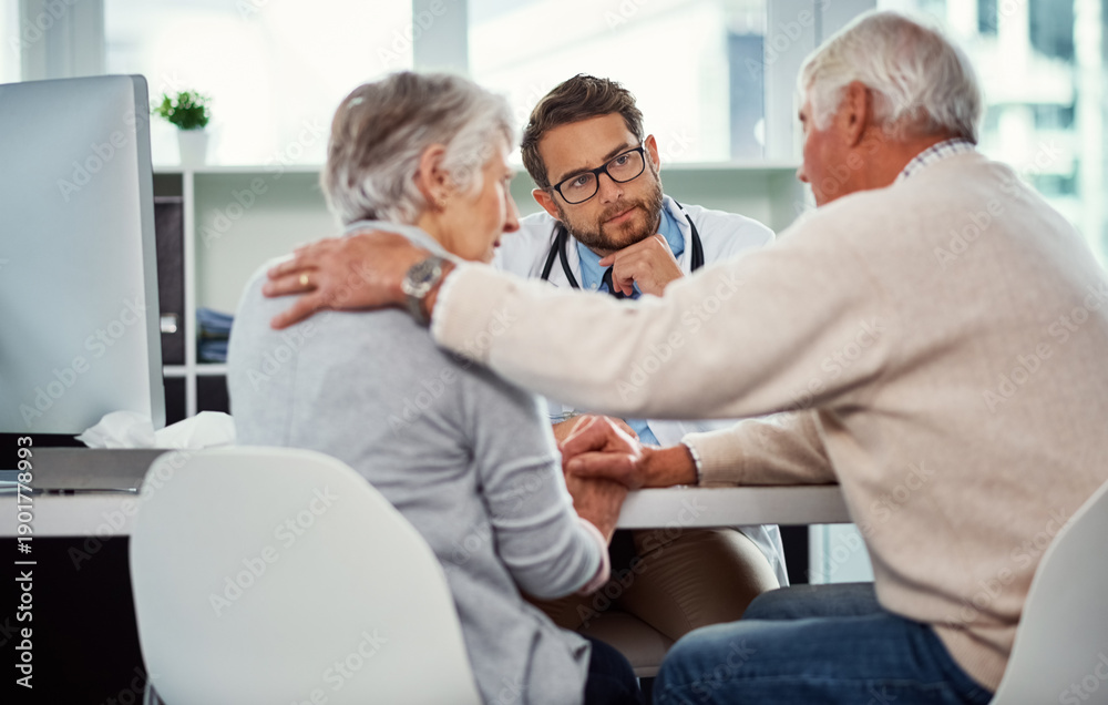 Obraz premium Senior couple, comfort and consultation with doctor for bad news, medical results and empathy. Elderly people, holding hands and healthcare worker for diagnosis, emotional support and chronic disease