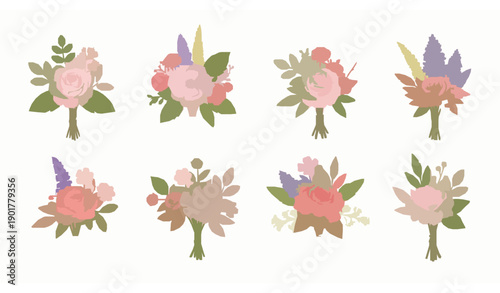 Elegant garden flower bouquet vector set with blossomed floral bunches and leaves