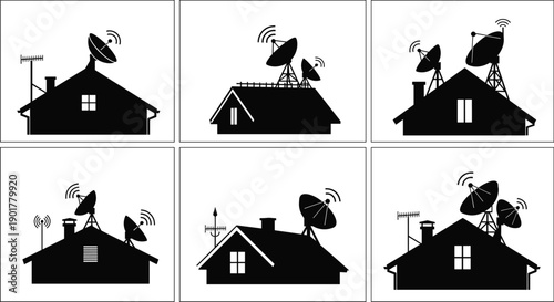 Black and white satellite dish on house roofs antenna television