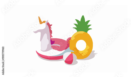 Isometric inflatable pool toys illustration with unicorn donut pineapple and beach ball isolated on white background