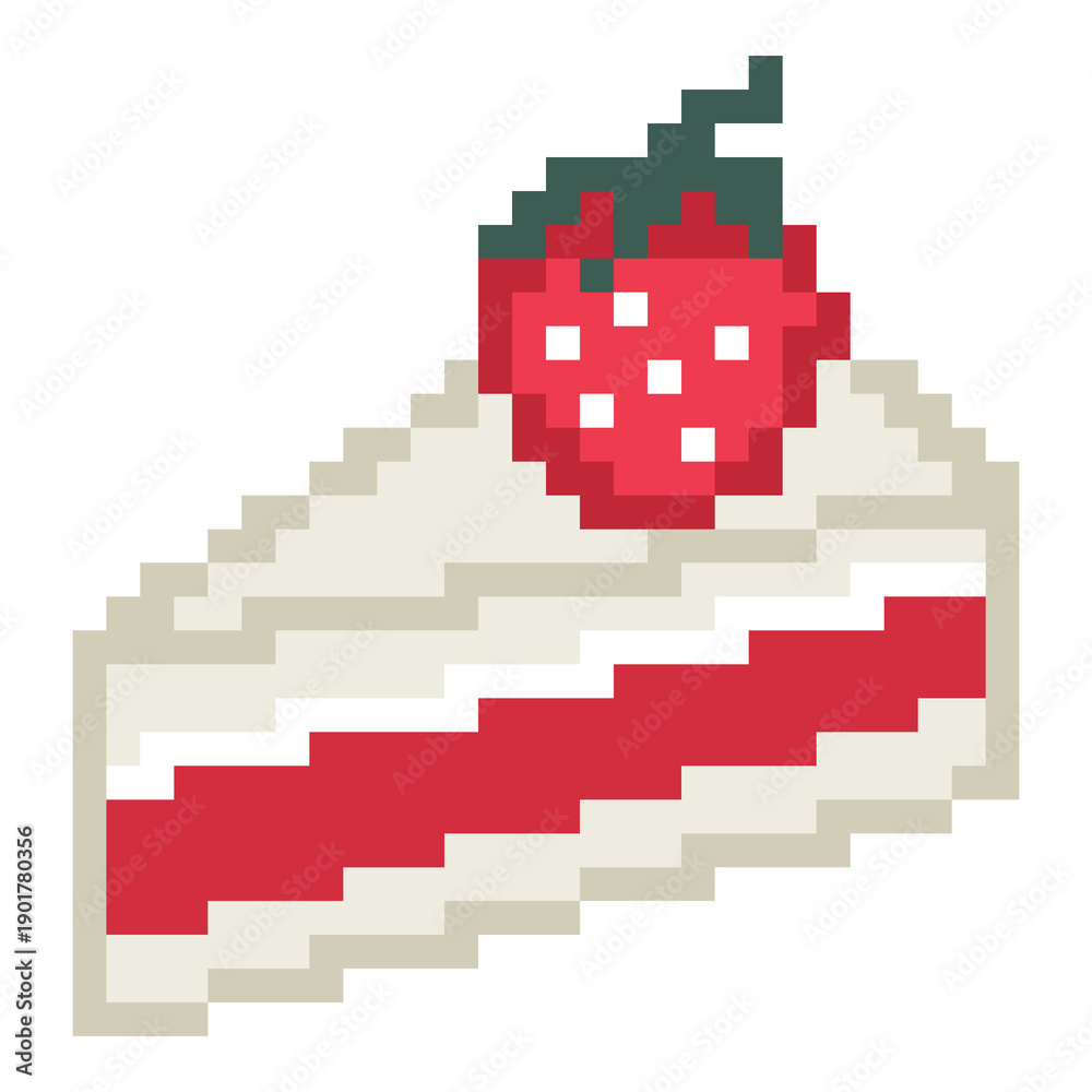 Obraz premium Strawberry layer cake slice pixel art icon for dessert sweet food