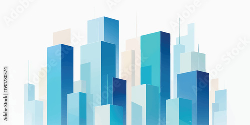 Abstract blue city skyline vector illustration featuring 3d skyscraper architecture and urban office buildings in a downtown metropolis construction design