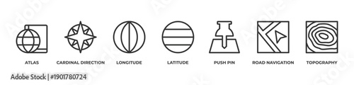 From Atlas to Coordinates Icons set vector illustration with Atlas, Cardinal direction, Longitude, Latitude, Push pin, Road navigation, Topography