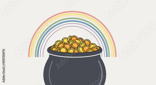 Pot of gold coins under a rainbow, a classic symbol of luck and fortune, often associated with St. Patrick's Day celebrations and folklore
